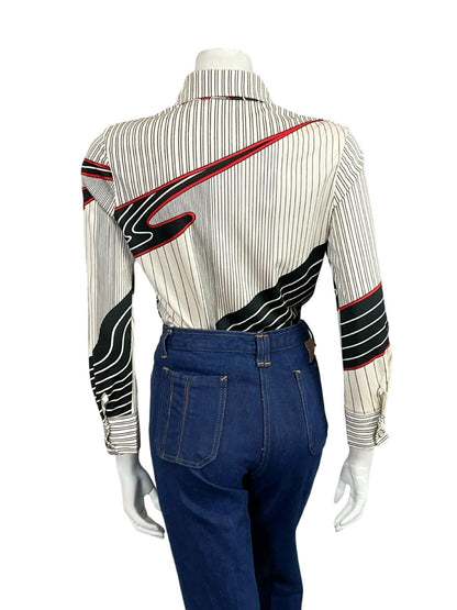 VTG 60S 70S JAPANESE WHITE BLACK RED MOD GEOMETRIC STRIPED DAGGER SHIRT 10