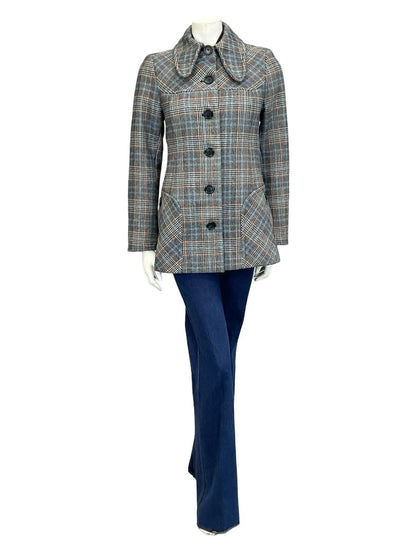 VTG 60S 70S GIL BRET BLUE GREY BROWN MOD DOG EAR COLLAR SPACE AGE COAT 8 10 S