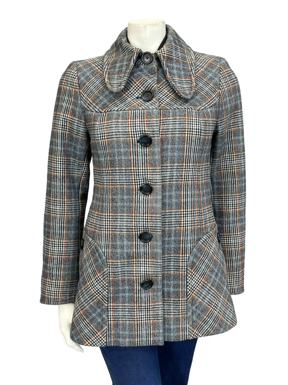 VTG 60S 70S GIL BRET BLUE GREY BROWN MOD DOG EAR COLLAR SPACE AGE COAT 8 10 S