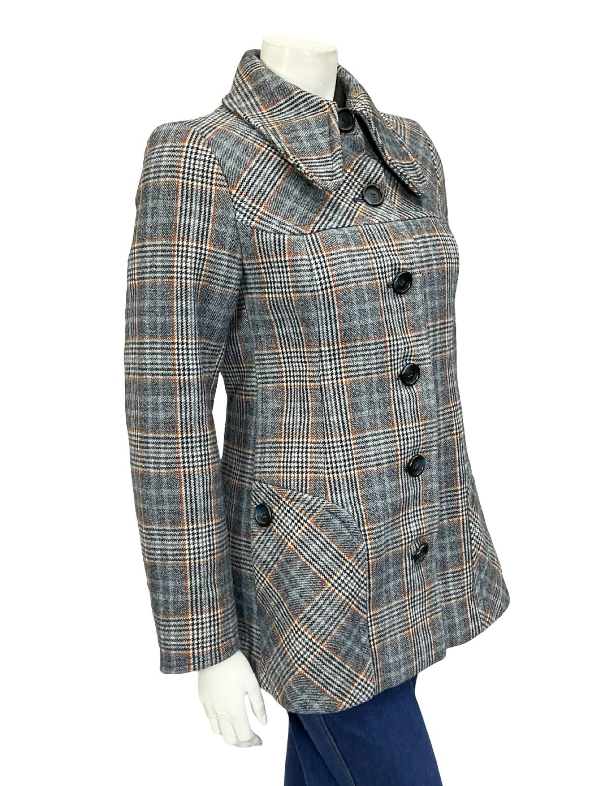 VTG 60S 70S GIL BRET BLUE GREY BROWN MOD DOG EAR COLLAR SPACE AGE COAT 8 10 S