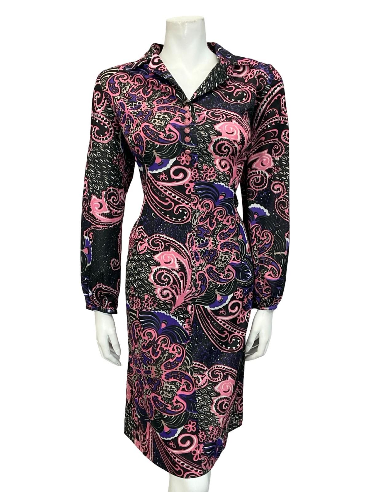 VTG 60S 70S BLACK PINK PURPLE FLORAL SWIRL PSYCHEDELIC SHIFT SHIRT DRESS 14 16