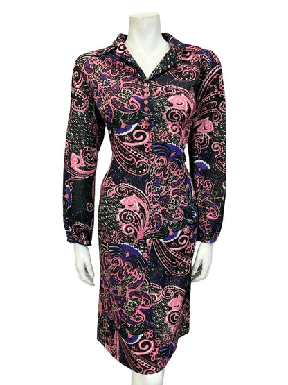 VTG 60S 70S BLACK PINK PURPLE FLORAL SWIRL PSYCHEDELIC SHIFT SHIRT DRESS 14 16