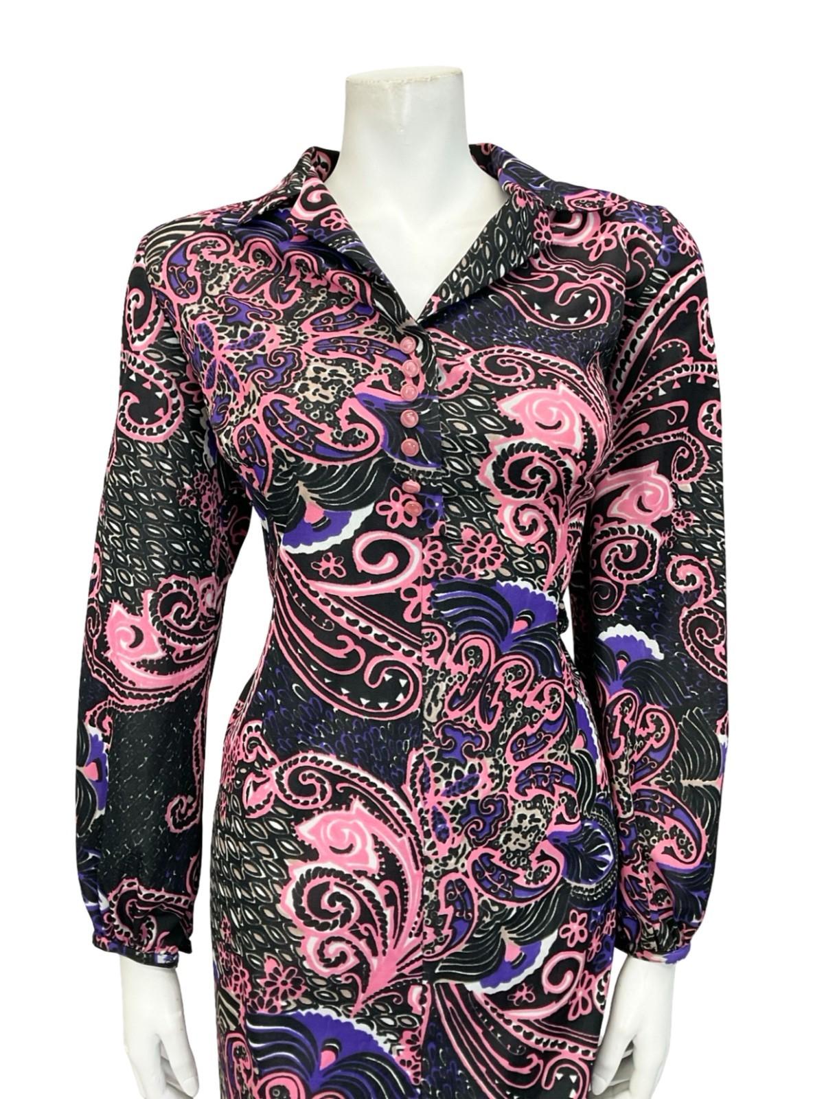 VTG 60S 70S BLACK PINK PURPLE FLORAL SWIRL PSYCHEDELIC SHIFT SHIRT DRESS 14 16