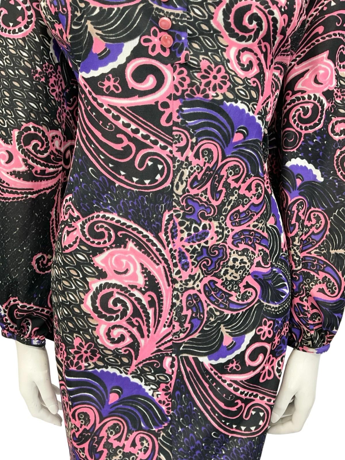 VTG 60S 70S BLACK PINK PURPLE FLORAL SWIRL PSYCHEDELIC SHIFT SHIRT DRESS 14 16