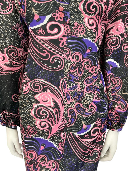 VTG 60S 70S BLACK PINK PURPLE FLORAL SWIRL PSYCHEDELIC SHIFT SHIRT DRESS 14 16