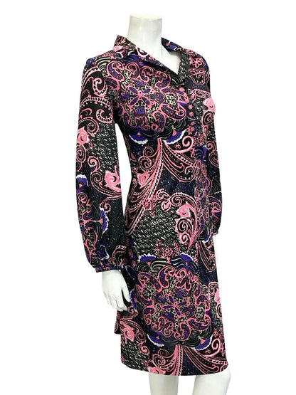 VTG 60S 70S BLACK PINK PURPLE FLORAL SWIRL PSYCHEDELIC SHIFT SHIRT DRESS 14 16