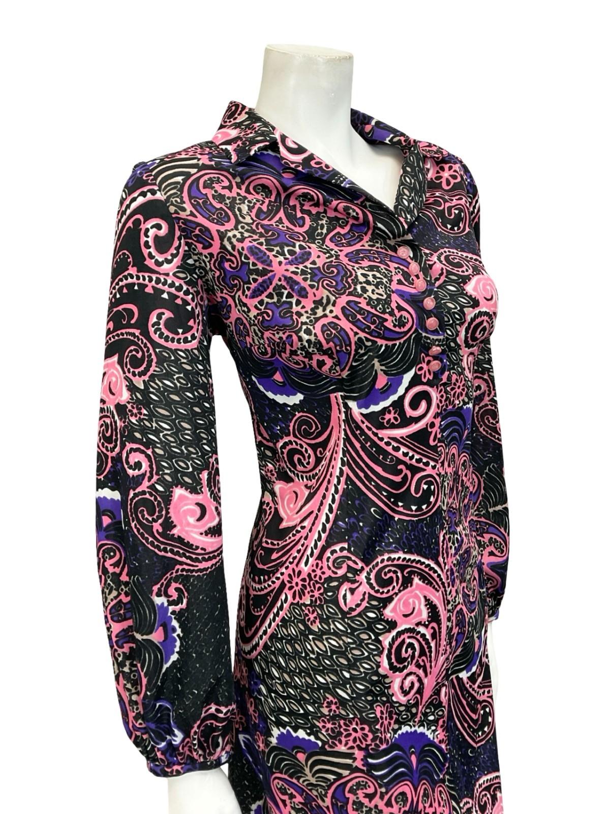 VTG 60S 70S BLACK PINK PURPLE FLORAL SWIRL PSYCHEDELIC SHIFT SHIRT DRESS 14 16
