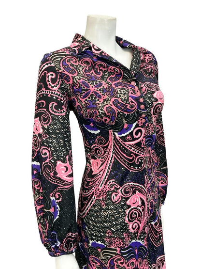 VTG 60S 70S BLACK PINK PURPLE FLORAL SWIRL PSYCHEDELIC SHIFT SHIRT DRESS 14 16