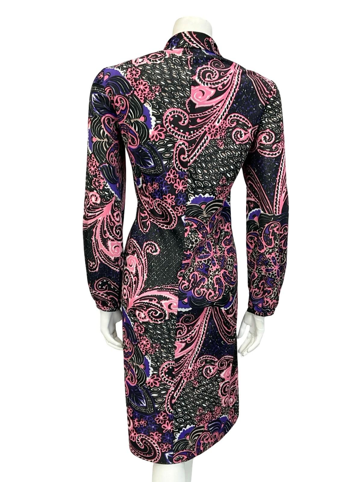 VTG 60S 70S BLACK PINK PURPLE FLORAL SWIRL PSYCHEDELIC SHIFT SHIRT DRESS 14 16