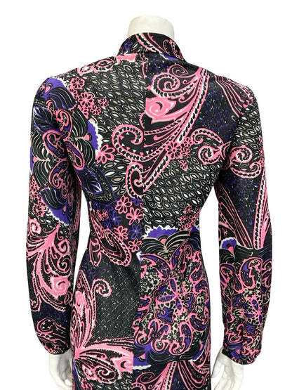 VTG 60S 70S BLACK PINK PURPLE FLORAL SWIRL PSYCHEDELIC SHIFT SHIRT DRESS 14 16