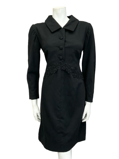 VTG 60S 70S BLACK MOD LACE MONOCHROME LONG SLEEVE SHIRT SHIFT DRESS 12
