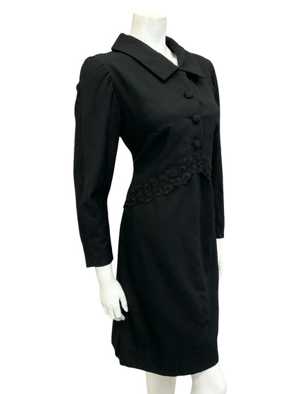 VTG 60S 70S BLACK MOD LACE MONOCHROME LONG SLEEVE SHIRT SHIFT DRESS 12