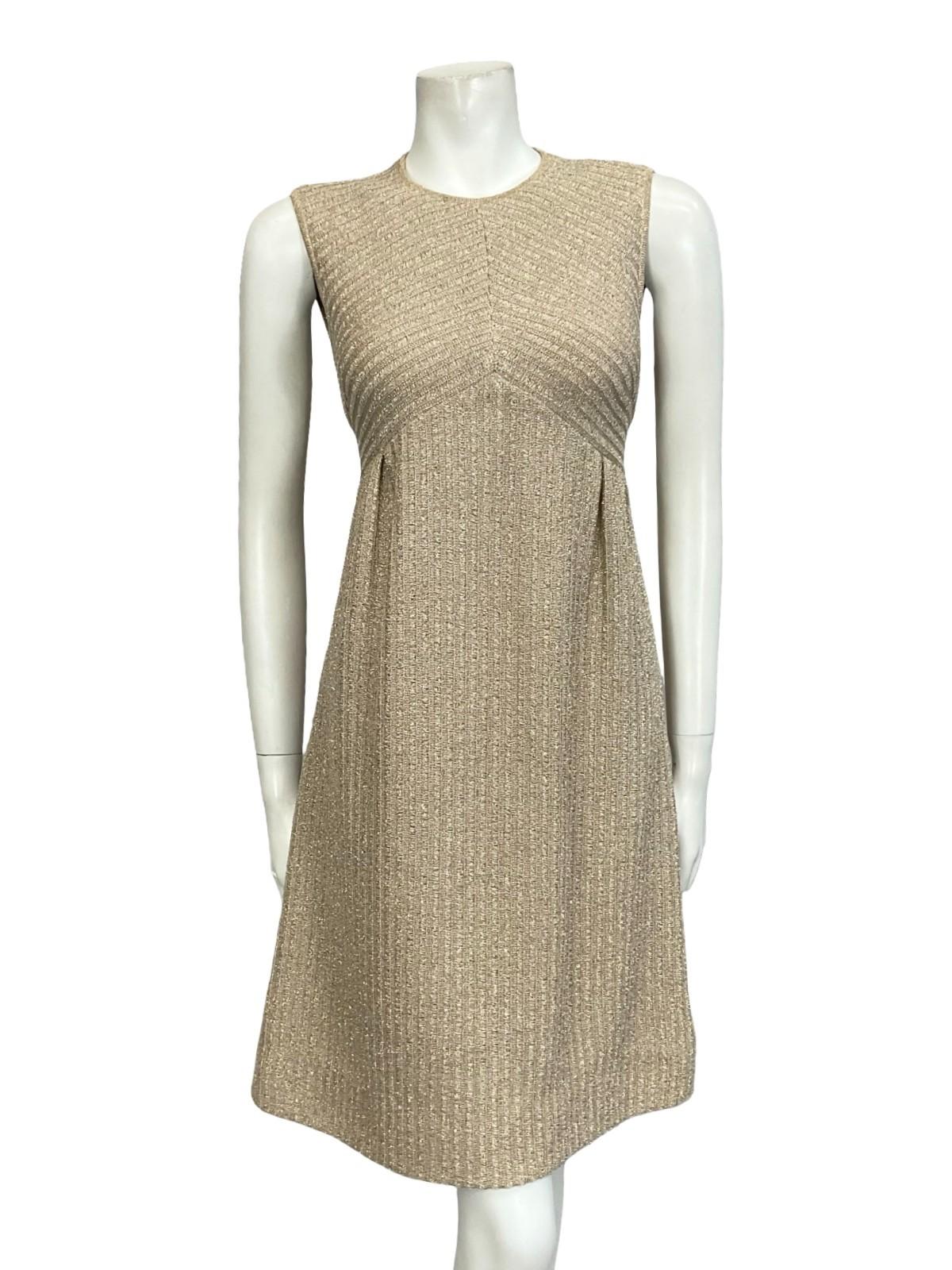 VTG 60S 70S MOD LIGHT GOLD LUREX KNITTED EMPIRE SLEEVELESS PARTY DRESS 8 10