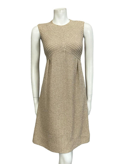 VTG 60S 70S MOD LIGHT GOLD LUREX KNITTED EMPIRE SLEEVELESS PARTY DRESS 8 10