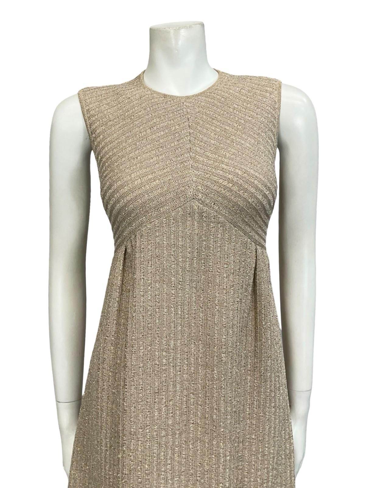 VTG 60S 70S MOD LIGHT GOLD LUREX KNITTED EMPIRE SLEEVELESS PARTY DRESS 8 10