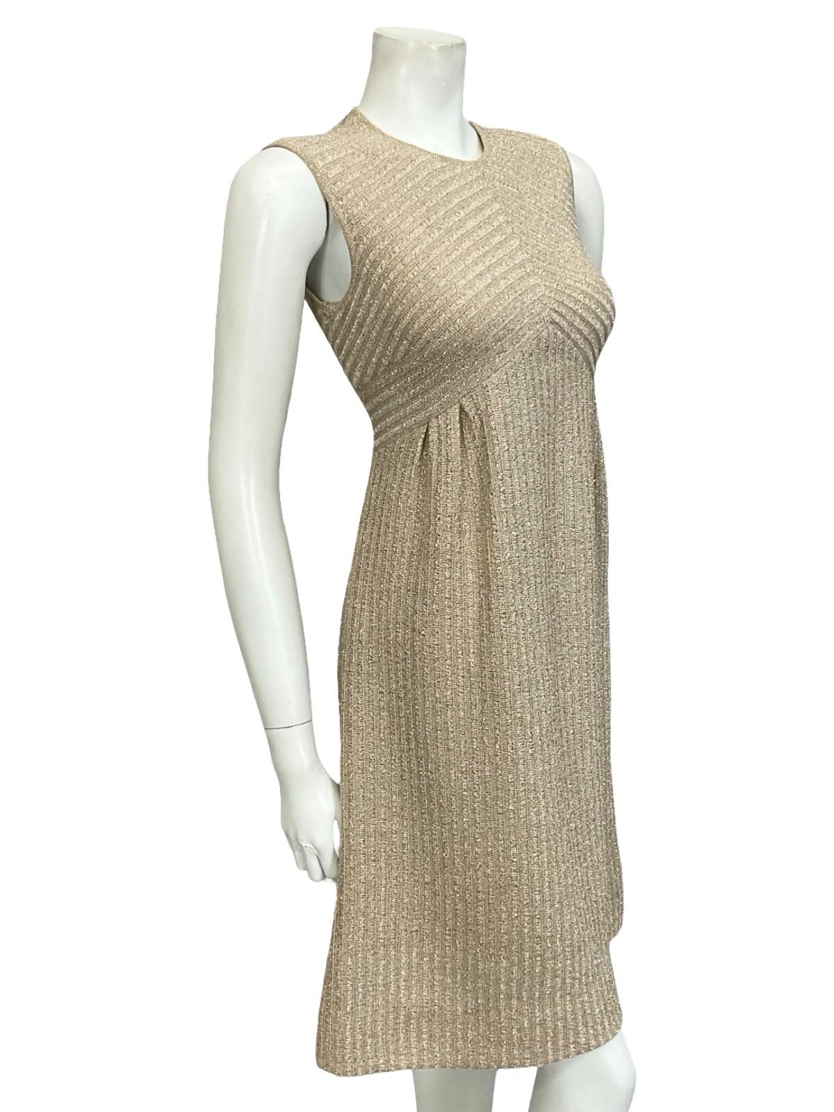 VTG 60S 70S MOD LIGHT GOLD LUREX KNITTED EMPIRE SLEEVELESS PARTY DRESS 8 10