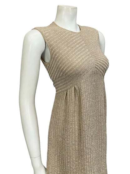 VTG 60S 70S MOD LIGHT GOLD LUREX KNITTED EMPIRE SLEEVELESS PARTY DRESS 8 10