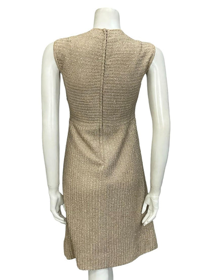 VTG 60S 70S MOD LIGHT GOLD LUREX KNITTED EMPIRE SLEEVELESS PARTY DRESS 8 10