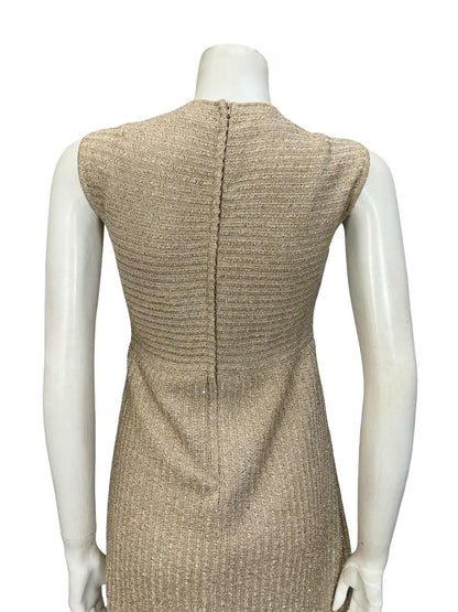 VTG 60S 70S MOD LIGHT GOLD LUREX KNITTED EMPIRE SLEEVELESS PARTY DRESS 8 10