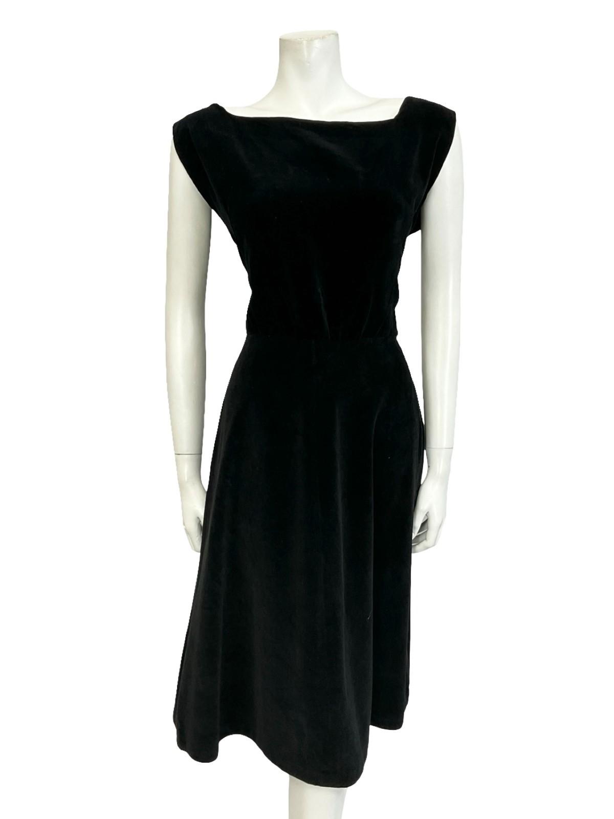 VTG 60S 70S BLACK VELVET SQUARE NECK SLEEVELESS ROCKABILLY SWING DRESS 10 12