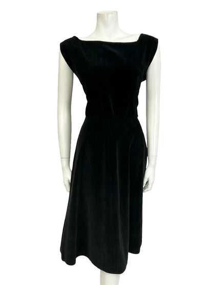 VTG 60S 70S BLACK VELVET SQUARE NECK SLEEVELESS ROCKABILLY SWING DRESS 10 12
