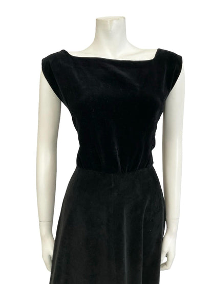 VTG 60S 70S BLACK VELVET SQUARE NECK SLEEVELESS ROCKABILLY SWING DRESS 10 12
