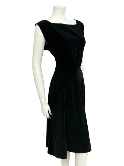 VTG 60S 70S BLACK VELVET SQUARE NECK SLEEVELESS ROCKABILLY SWING DRESS 10 12