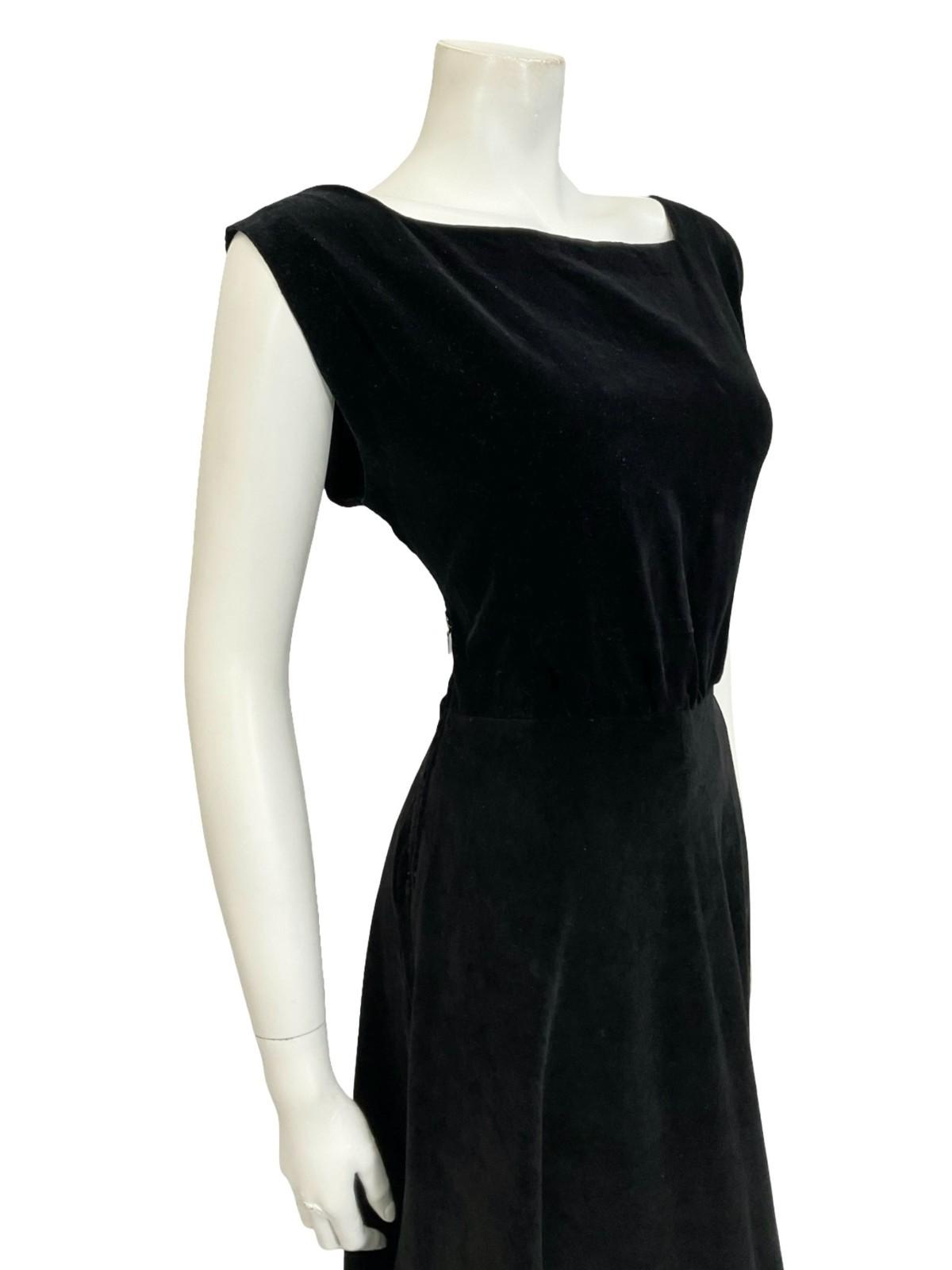 VTG 60S 70S BLACK VELVET SQUARE NECK SLEEVELESS ROCKABILLY SWING DRESS 10 12