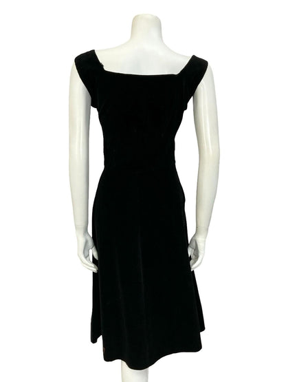 VTG 60S 70S BLACK VELVET SQUARE NECK SLEEVELESS ROCKABILLY SWING DRESS 10 12