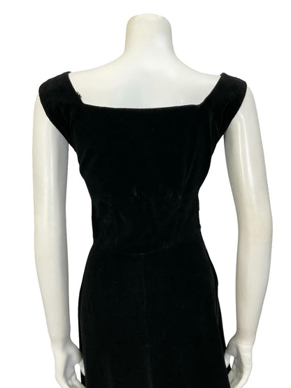 VTG 60S 70S BLACK VELVET SQUARE NECK SLEEVELESS ROCKABILLY SWING DRESS 10 12