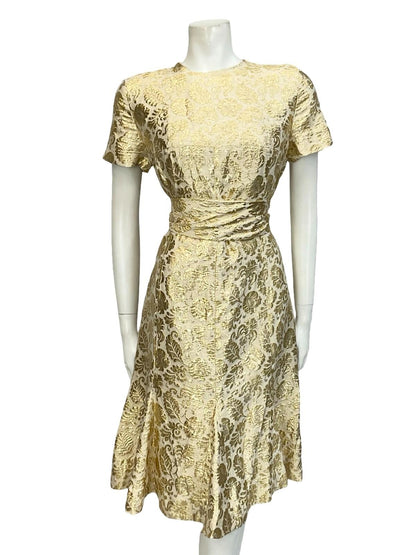 VTG 60S 70S BEIGE GOLD FORAL DAMASK TIE WAIST FLARED SHIFT PARTY DRESS 12