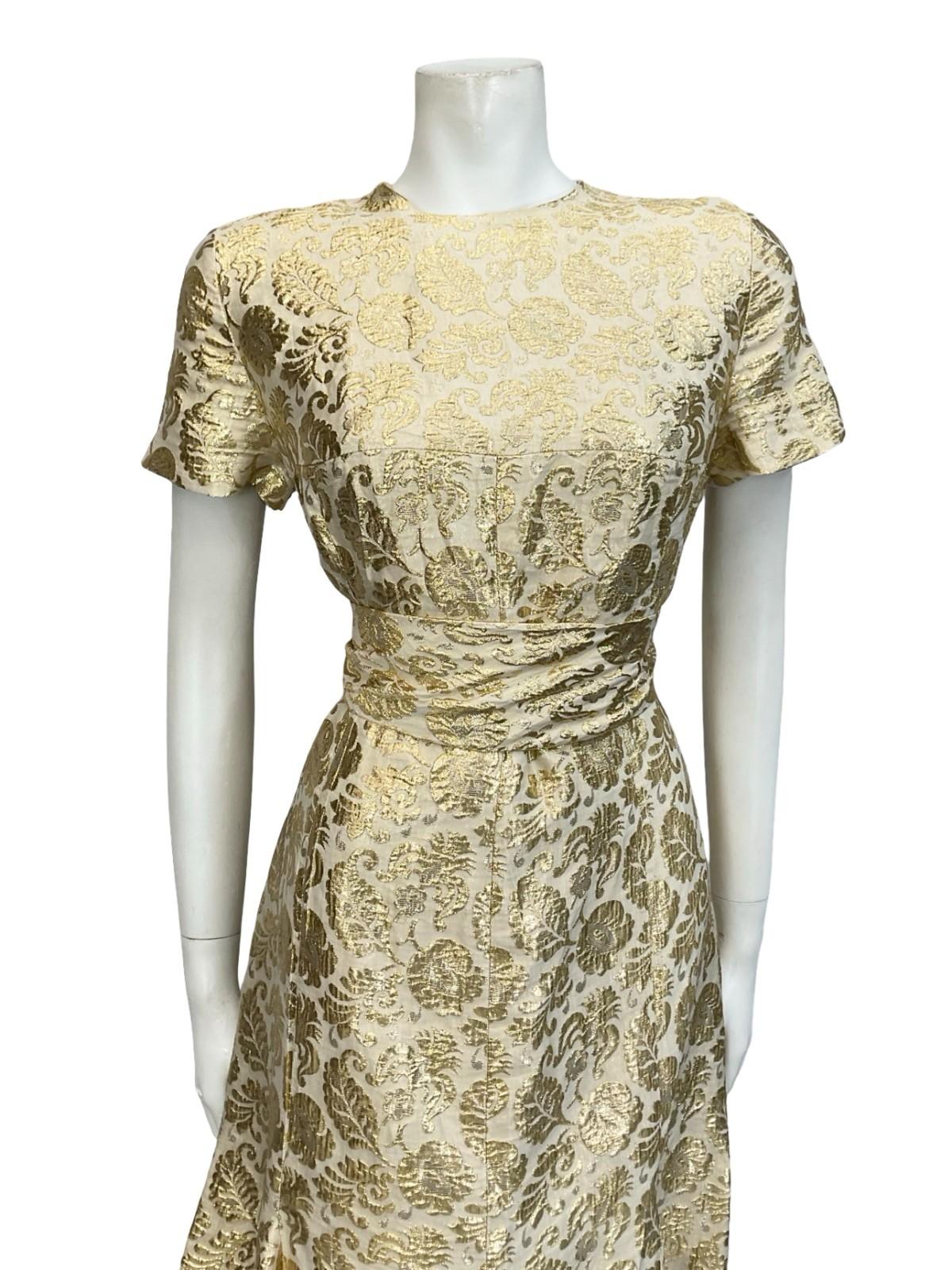 VTG 60S 70S BEIGE GOLD FORAL DAMASK TIE WAIST FLARED SHIFT PARTY DRESS 12