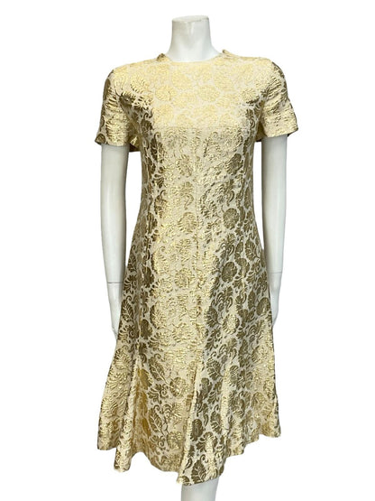VTG 60S 70S BEIGE GOLD FORAL DAMASK TIE WAIST FLARED SHIFT PARTY DRESS 12