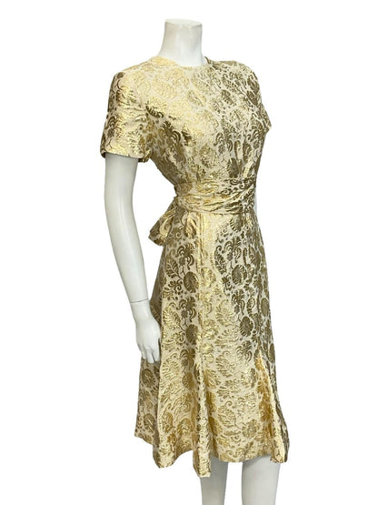 VTG 60S 70S BEIGE GOLD FORAL DAMASK TIE WAIST FLARED SHIFT PARTY DRESS 12