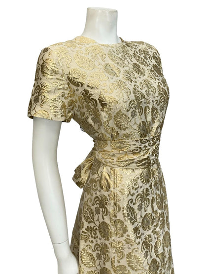 VTG 60S 70S BEIGE GOLD FORAL DAMASK TIE WAIST FLARED SHIFT PARTY DRESS 12