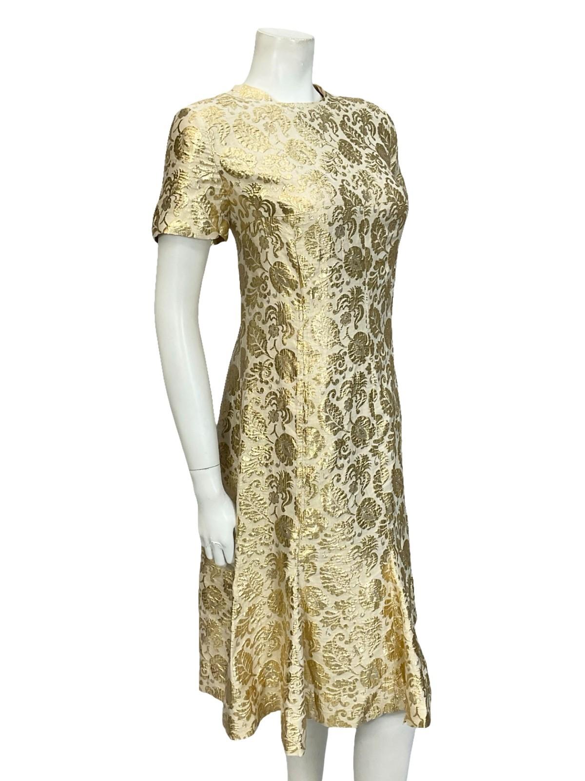 VTG 60S 70S BEIGE GOLD FORAL DAMASK TIE WAIST FLARED SHIFT PARTY DRESS 12