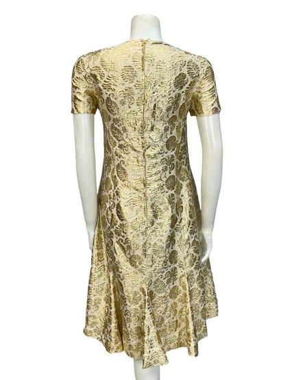 VTG 60S 70S BEIGE GOLD FORAL DAMASK TIE WAIST FLARED SHIFT PARTY DRESS 12
