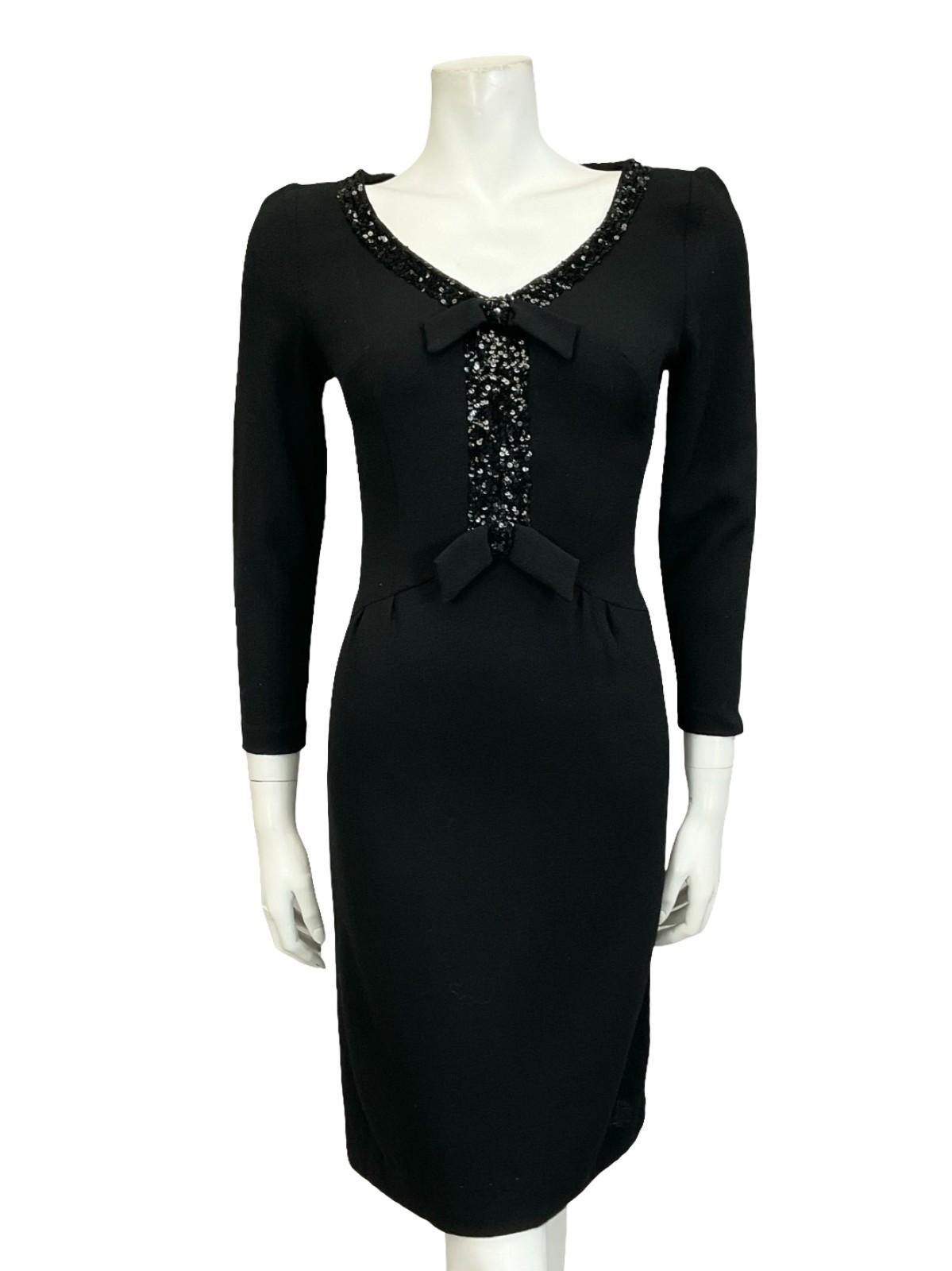 VTG 60S 70S MOD BLACK PURE WOOL SEQUIN BOW V NECK PARTY WIGGLE DRESS 6 XS