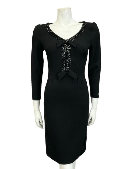 VTG 60S 70S MOD BLACK PURE WOOL SEQUIN BOW V NECK PARTY WIGGLE DRESS 6 XS