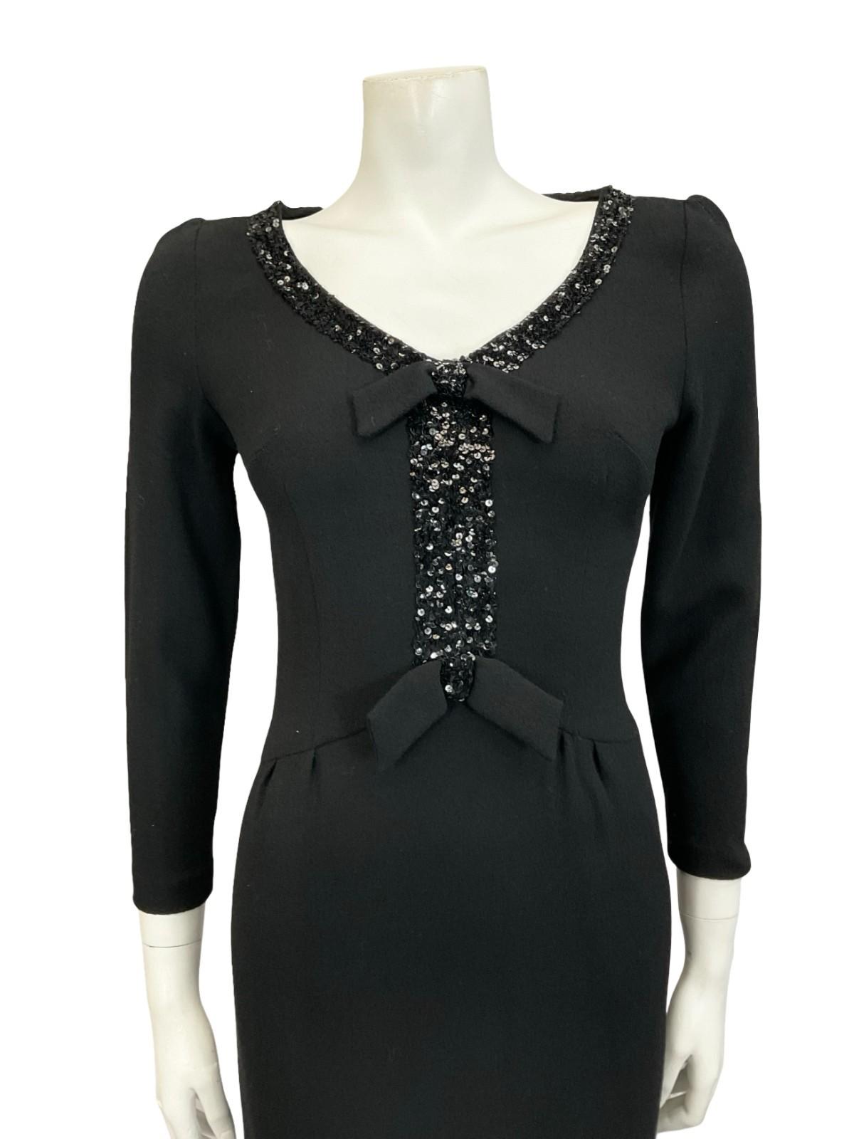 VTG 60S 70S MOD BLACK PURE WOOL SEQUIN BOW V NECK PARTY WIGGLE DRESS 6 XS