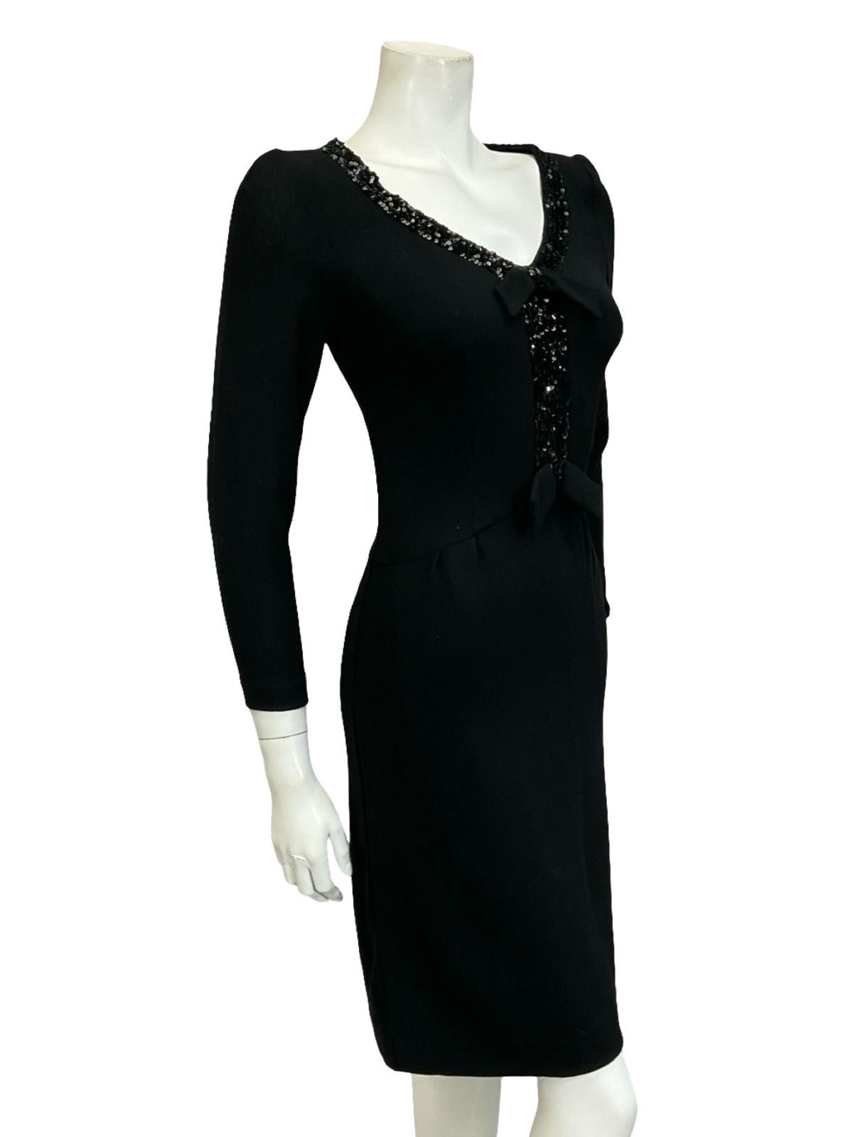 VTG 60S 70S MOD BLACK PURE WOOL SEQUIN BOW V NECK PARTY WIGGLE DRESS 6 XS