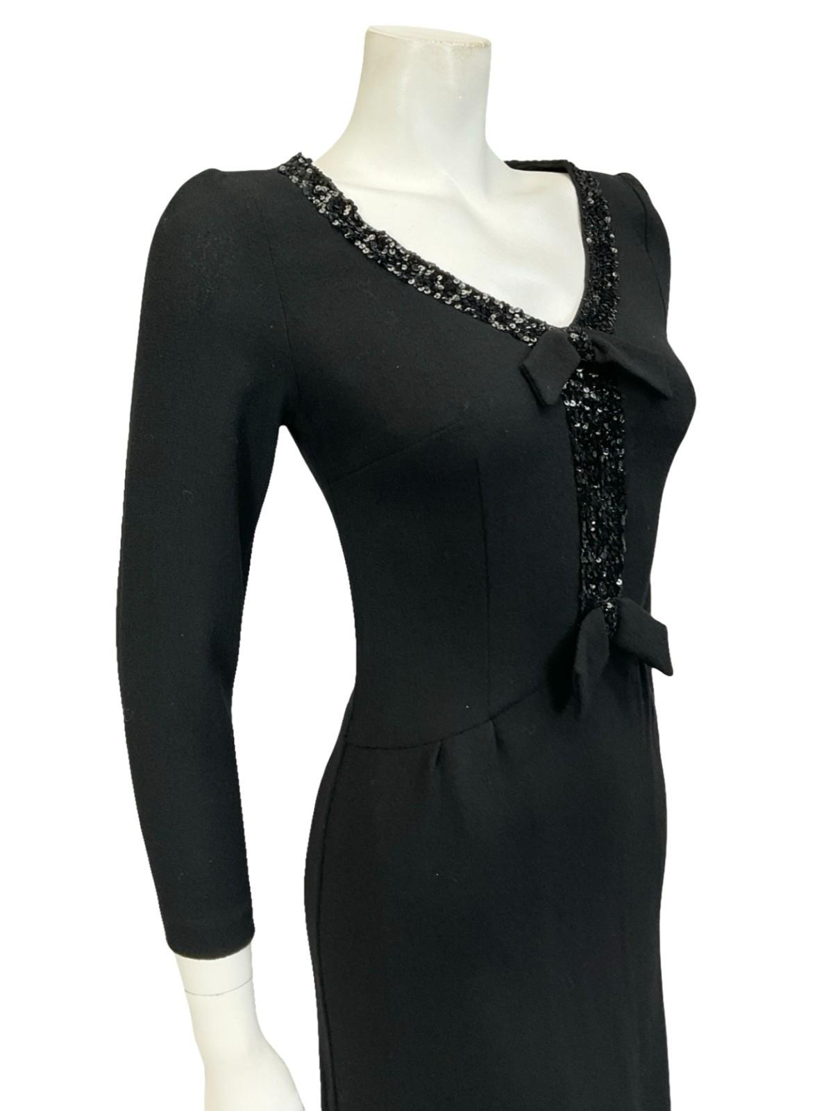 VTG 60S 70S MOD BLACK PURE WOOL SEQUIN BOW V NECK PARTY WIGGLE DRESS 6 XS