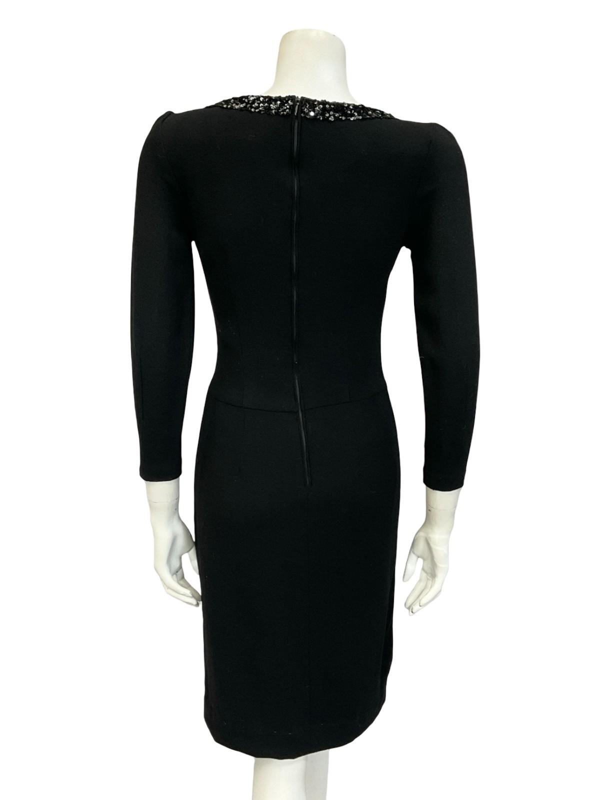 VTG 60S 70S MOD BLACK PURE WOOL SEQUIN BOW V NECK PARTY WIGGLE DRESS 6 XS