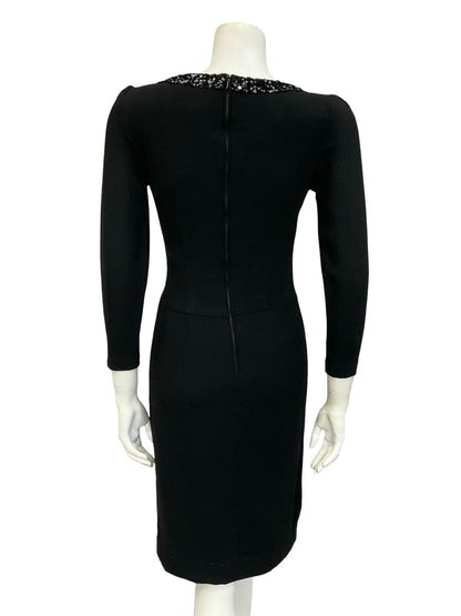 VTG 60S 70S MOD BLACK PURE WOOL SEQUIN BOW V NECK PARTY WIGGLE DRESS 6 XS