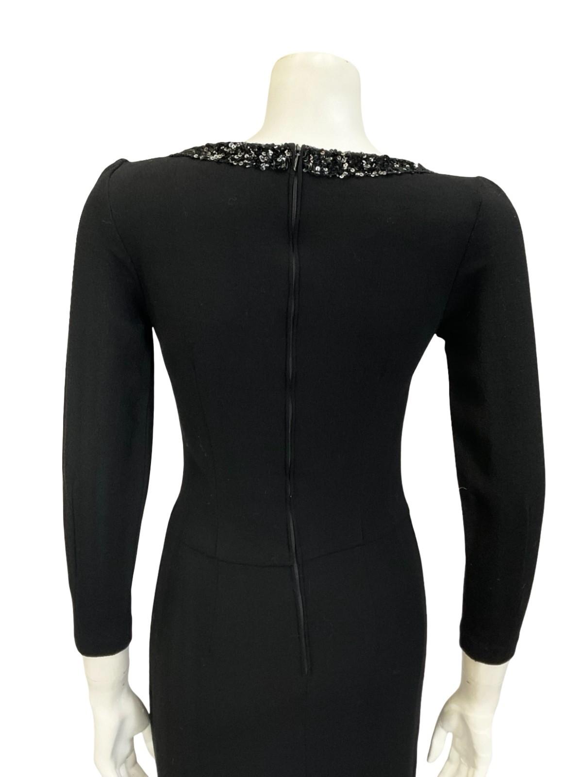 VTG 60S 70S MOD BLACK PURE WOOL SEQUIN BOW V NECK PARTY WIGGLE DRESS 6 XS