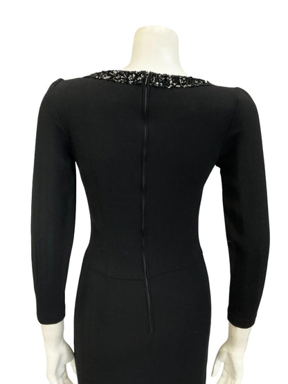 VTG 60S 70S MOD BLACK PURE WOOL SEQUIN BOW V NECK PARTY WIGGLE DRESS 6 XS