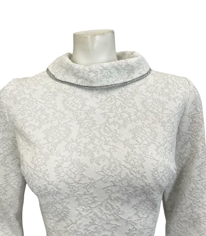 VTG 60S 70S WHITE SILVER MOD ROUND NECK LUREX GLITTERY PARTY BRIDAL? DRESS 10 12