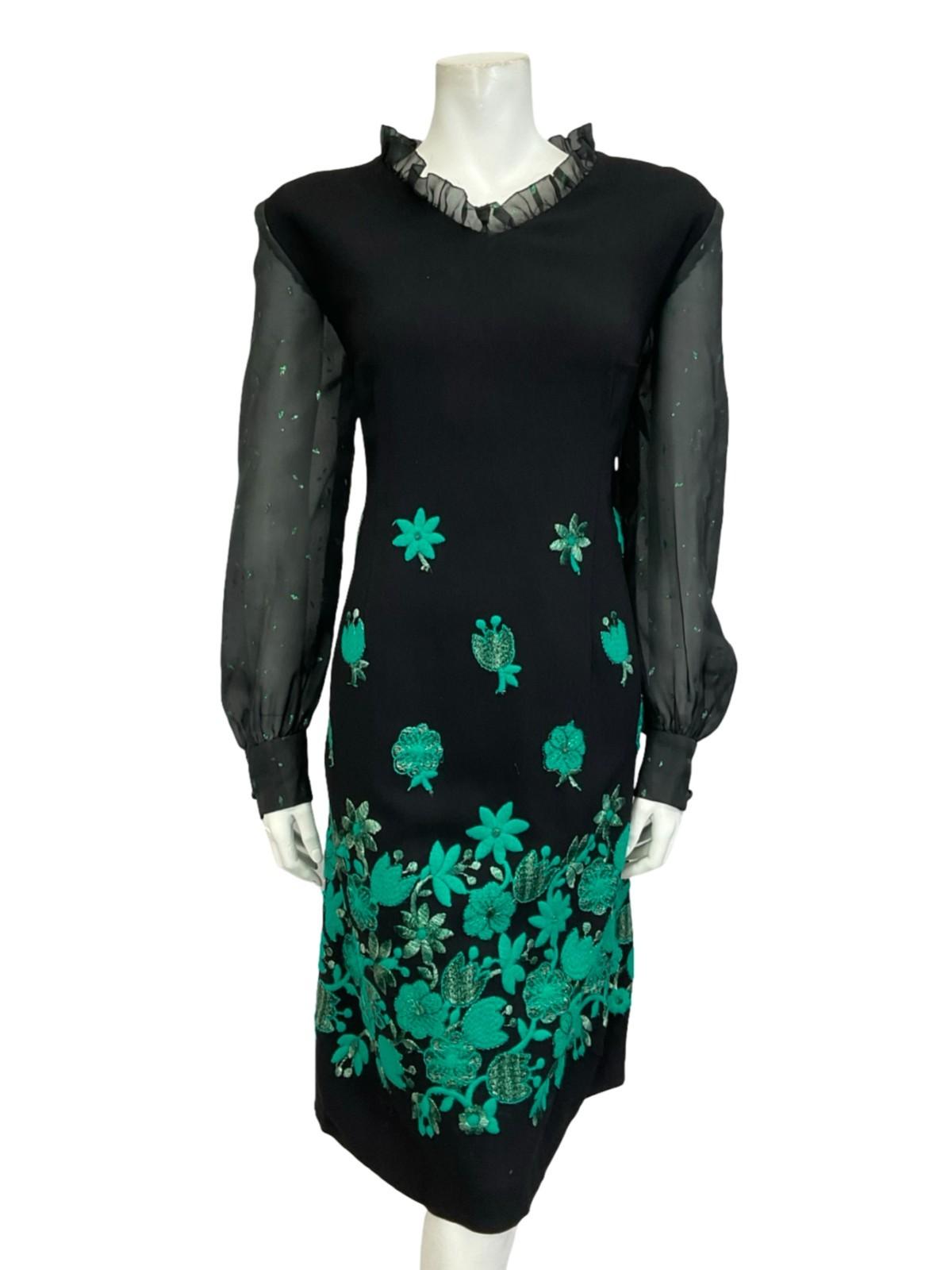 VTG 60S 70S BLACK GREEN LUREX FLORAL EMBROIDERED RUFFLE NECK MESH DRESS 12 14