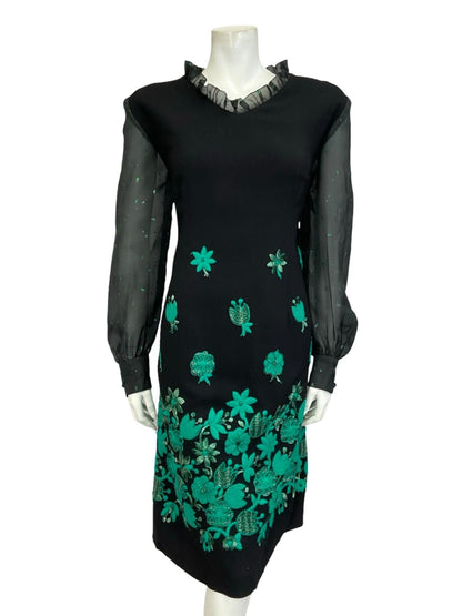 VTG 60S 70S BLACK GREEN LUREX FLORAL EMBROIDERED RUFFLE NECK MESH DRESS 12 14