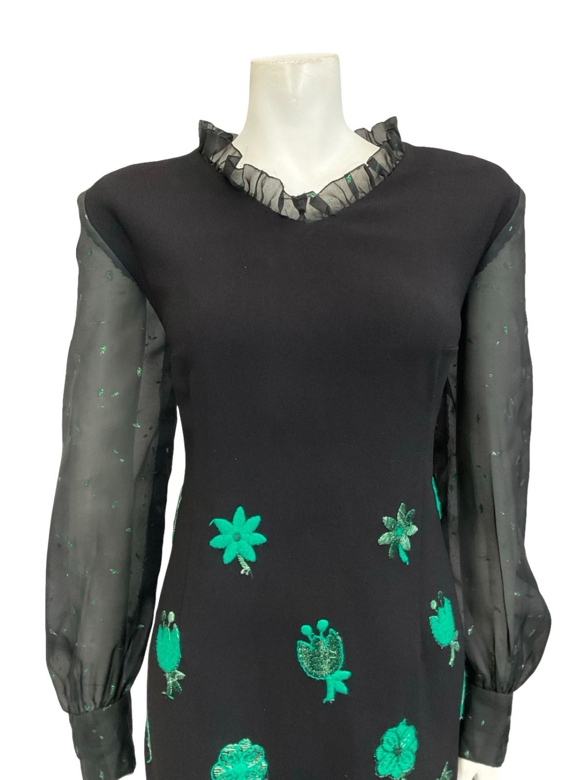 VTG 60S 70S BLACK GREEN LUREX FLORAL EMBROIDERED RUFFLE NECK MESH DRESS 12 14